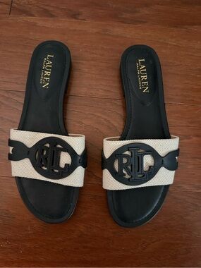 Ralph Lauren Black and Cream Slide Sandals with RL Medallion Accent